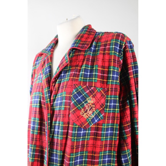 Lauren Ralph Lauren L Red Plaid Fleece Long Sleeve Button Front Pajama Top - Picture 2 of 6